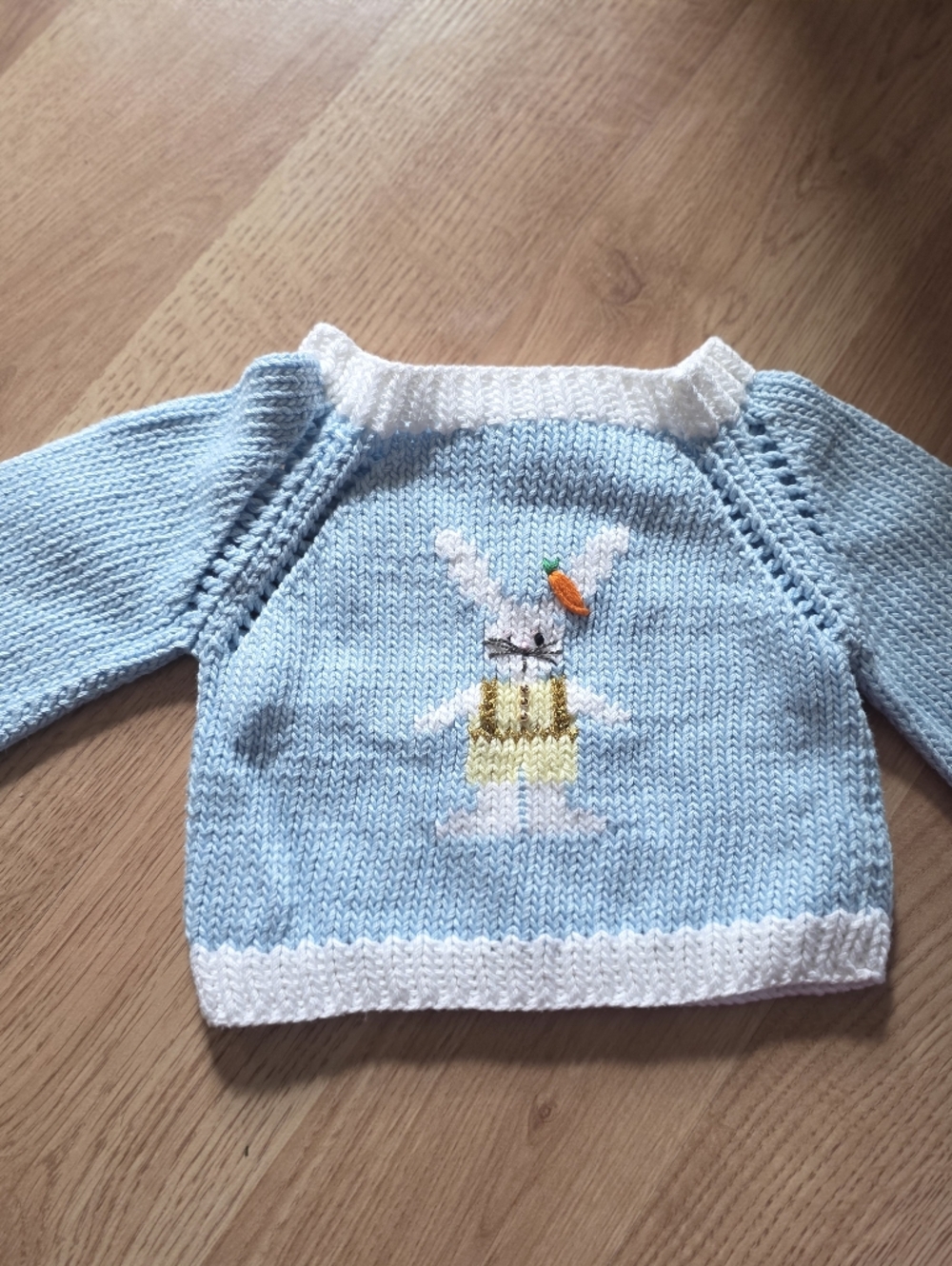 Handmade Light Blue Baby Sweater with Bunny Motif